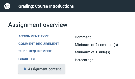 Screen shot of the requirements of a VoiceThread assignment where the comment requirement is 2 comments, and the slide requirement is a minimum of 1 slides. 